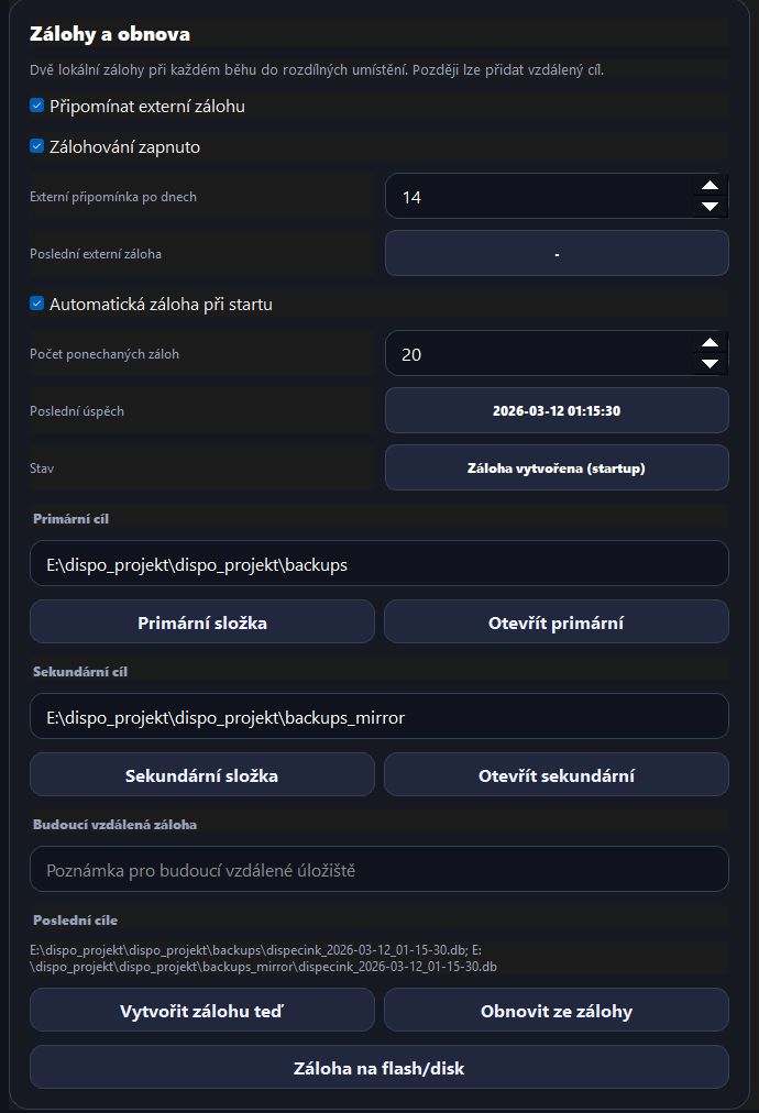 Zálohy a obnova v DISPO+