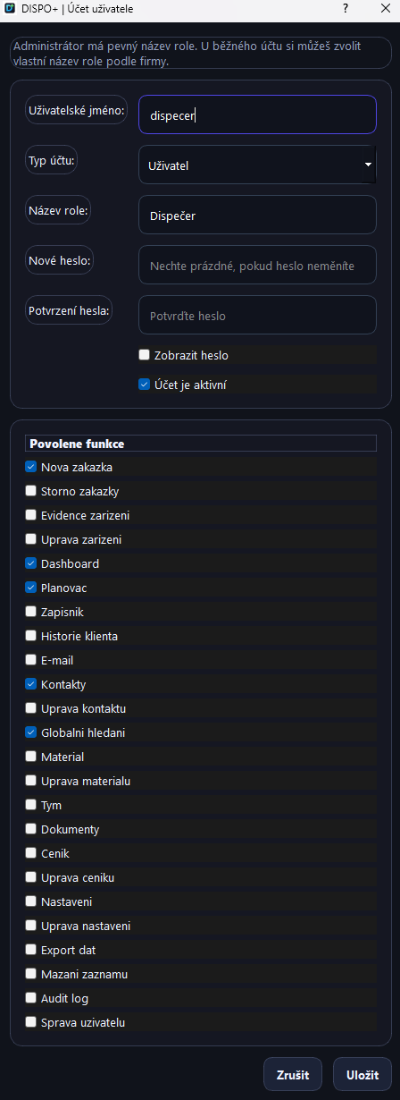 Oprávnění uživatelů v DISPO+ TEAM